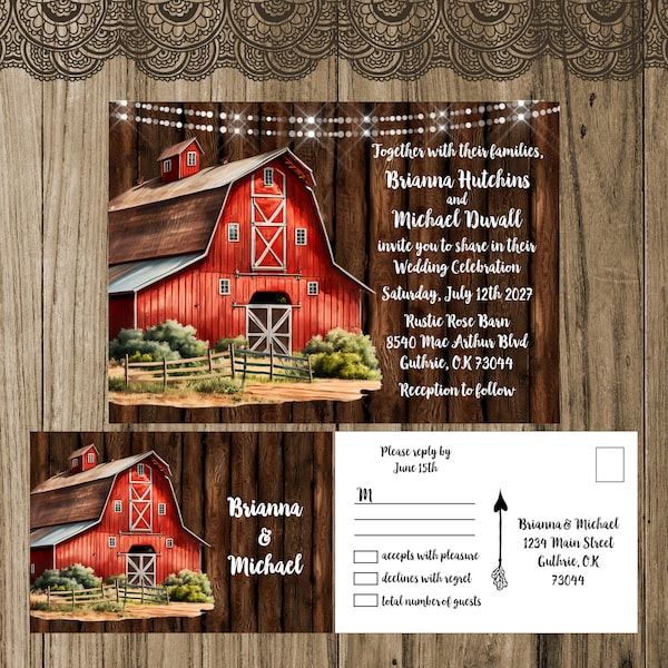 Country Barn Wedding Invitation, Rustic Red Barn Invitation, Farm Barn Wedding, Country Chic Wedding Set With String Lights, Outdoor Wedding