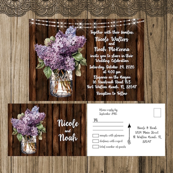 Mason Jar Wedding Invitation, Rustic Country Lilac Flowers, Fairy Lights, Barn Wood, Shabby Chic Country Invite, Mason Jar Invitation Set