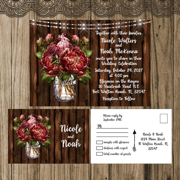 Mason Jar Rustic Wedding Invitation, Red Peonies and Mason Jar, Barn Wood, Rustic Country Peonies Invitation, Boho Chic Wedding Invitations