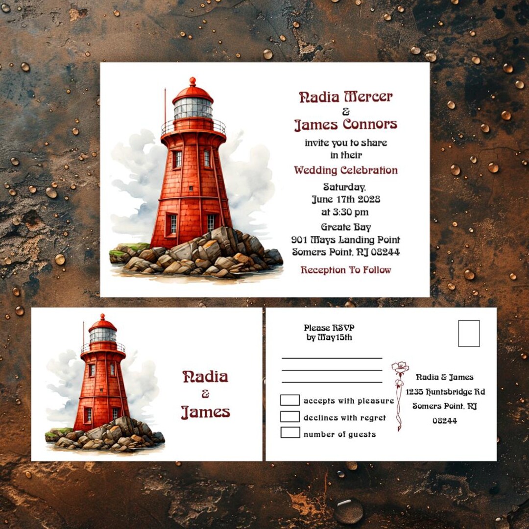 Beach Lighthouse Wedding Invitation, Beach Invite and RSVP, Sunset ...