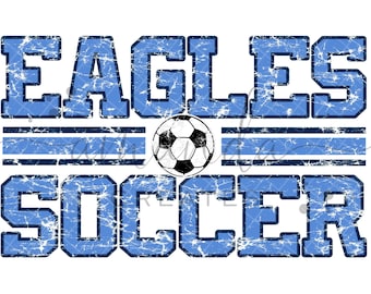 Könnte beinhalten: Eine verwitterte Grafik in Blau und Weiß mit dem Text "EAGLES SOCCER" und einem schwarz-weißen Fußball in der Mitte.