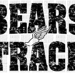 May include: Black and white distressed graphic design with the text "Bears Track" and a stylised running shoe with wings.