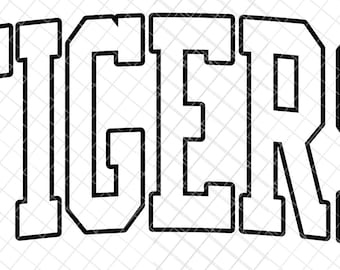 May include: Black and white outline of the word "TIGERS" in a bold, blocky font style.