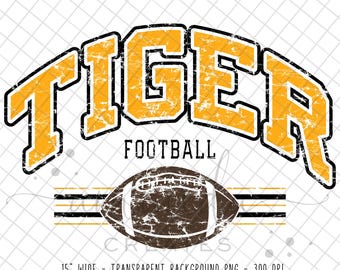 Tiger Football Shirt PNG | Distressed Gold & Black School Spirit Design | Instant Download Team Graphic for Game Day Tees