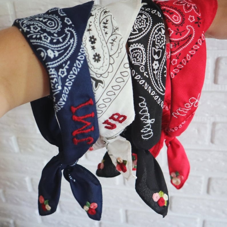 Personalized Hand Embroidered Bandana With Rose Accents Etsy