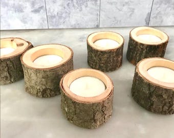Set of 6 Real Wood Tea Light Candle Holders Viking Farmhouse Rustic Three Sizes