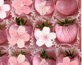 Set of 12 Pink & White Edible Cherry Blossom Cupcake Toppers: Wafer Paper Cake Decorations