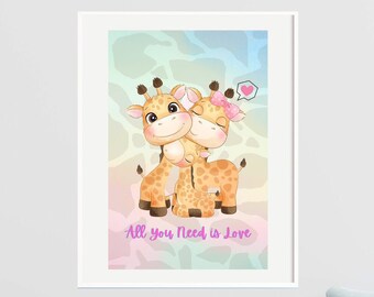 PRINTABLE ANIMAL NURSERY Wall Art, Nursery Decor, Cute Cartoon Giraffe Family Print for Nursery, Digital Download