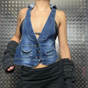 Blue braided racerback hooded button Denim Vest