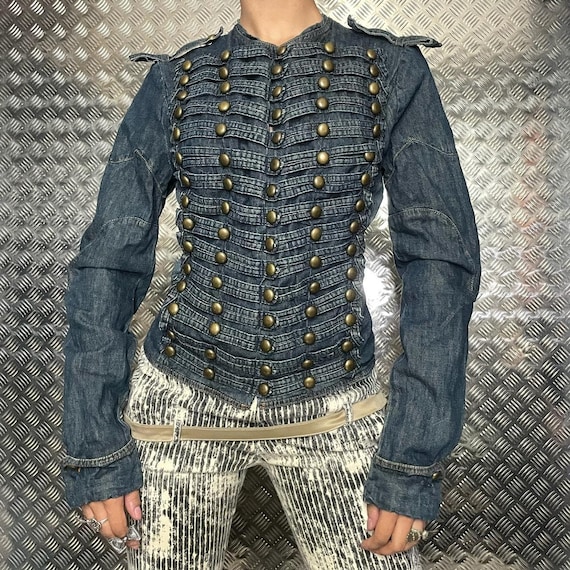 PLEIN SUD JEANS デニムジャケット フリンジ　デザイン　y2k Plein Sud Jeans Military Denim Jacket - Etsy