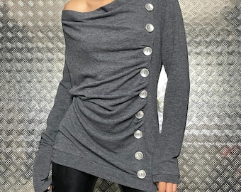 Asymmetrisch drapiertes, schulterfreies Oberteil mit Knopfleiste