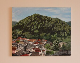 Bulgarian Village Landscape, Village Painting, Rhodopes, Forest Landscape, Bulgaria landscape, Original Acrylic Art, Bulgarian Artwork