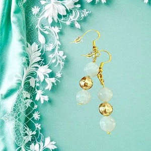 Elegant White Glass & Gold Hammered Bead Dangle Earrings    Hangs 1.25&quot;