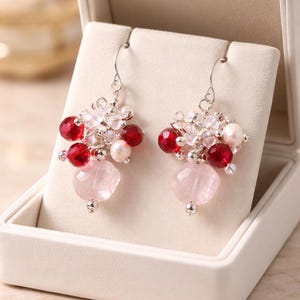 Handmade Ruby Red & Rose Quartz Dangle Earrings: Silver Wire Wrapped
