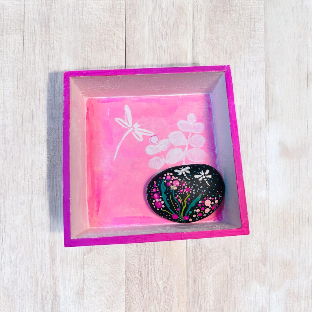 Decorative Rock and Wood Shadow Box With Floral and Dragonfly Motifs ...