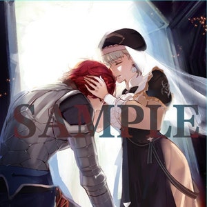 May include: An illustration depicts two figures in a tender embrace. One figure, with red hair, is kneeling, while the other, in a black and gold outfit, offers comfort. The image has a soft, romantic feel, with the word "SAMPLE" overlaid.