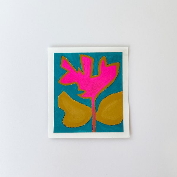 Small Abstract Painting, Pink Flower Art, Modern Wall Decor, Gouache Artwork, Unique Gift, with white matte.