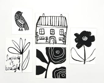 Set of 5 Mini Ink Art Pieces – Abstract Floral, Bird, House Illustrations