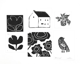 Set of 5 Mini Linocut Prints – Botanical, Bird, House Art – Black White Block Collection
