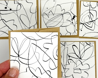 Original Set of 5 Hand Drawn Abstract Floral Mini Notecards – 3x3 Inch Flat Cards with Kraft Envelopes – Black Ink Minimalist Art Notecards