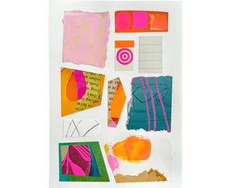 Original Bright Mini Collage Artwork – Pink & Orange Abstract Mixed Media, 5x7