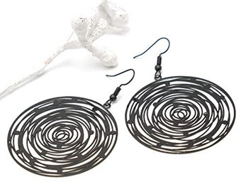 Earrings as a gift idea for women in black made of copper with a spiral pattern, total length approx. 6.5 cm, Black Spiral