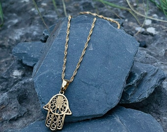 Necklace with pendant Hamsa Hand of Fatima stainless steel 45 cm gold colored jewelry