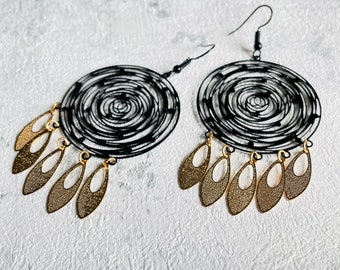 RAYS, Earrings Black and Gold Spirals - Dangling earrings gift ideas for women, Spiral Rays