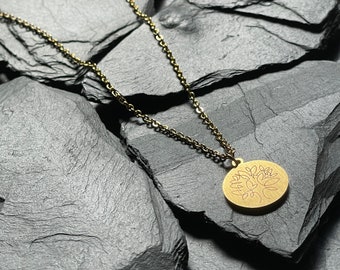 Necklace with pendant gold colored round stainless steel tree 45 cm as a birthday gift idea for women - Soulia