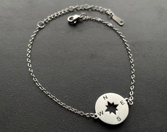 Bracelet ladies stainless steel silver colored with compass motif and lobster clasp - adjustable, gift idea for a birthday, 20 cm