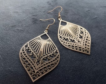 Ohrringe goldfarben gold Damen Feder Blatt hängend Ohrhänger Hängeohrringe earrings 8 cm Golden Beauty