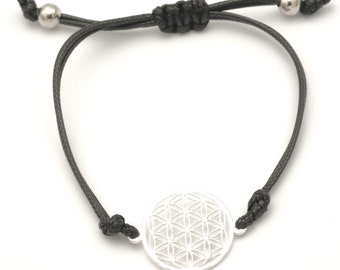 Flower of Life Bracelet in Black and Silver with Drawstring Closure, Great Gift Idea for Women, Florelia