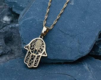 Necklace with pendant Hamsa, Hand of Fatima, stainless steel, 45 cm length, gold-colored in an organza bag as a gift idea for a birthday