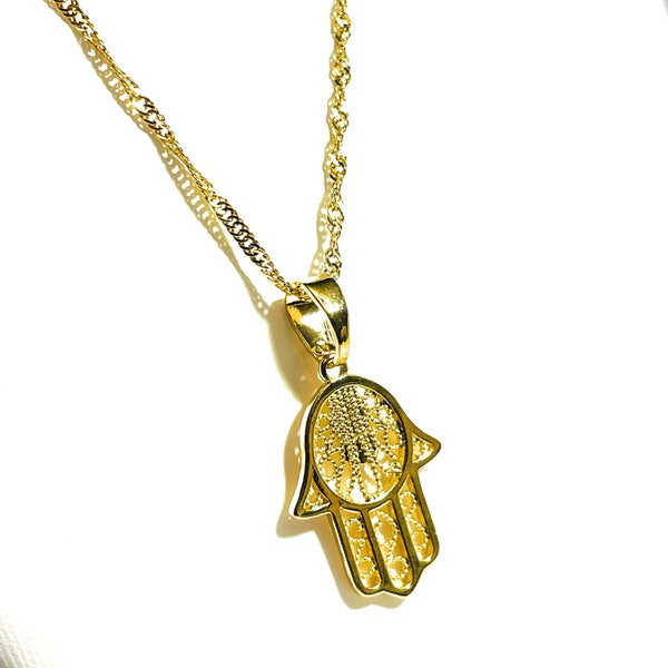 Halskette mit Anhänger Schmuck Hamsa Fatima Hand Edelstahl vergoldet 45 cm