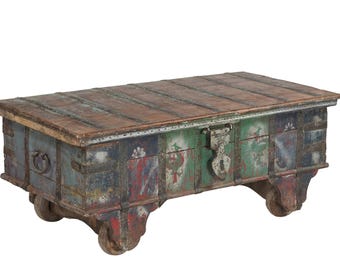 Antique Indian Teakwood Painted Blanket Chest/Coffee Table