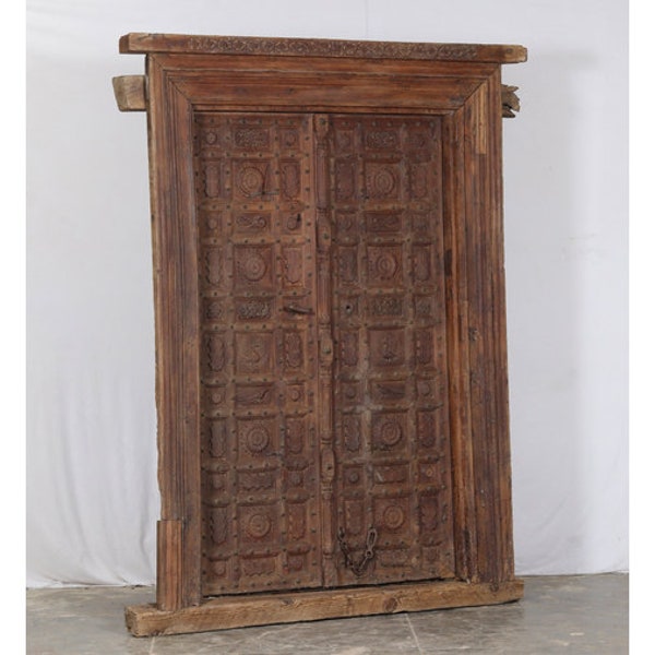 Antique Anglo-Indian Carved Teak Wood Door + Frame
