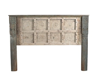 Indian King Size Headboard Constructed From an Antique Door and Pillars
