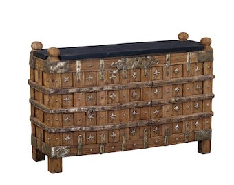 Antique Indian Teakwood and Brass Damachiya, 38″H (with finials) x54x19