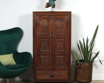 Antique Anglo-Indian Carved Teakwood Small Armoire