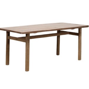 May include: A rectangular wooden dining table with a natural brown finish. The table features a flat top surface with visible wood grain, supported by four straight legs connected by horizontal support beams on the sides and center.