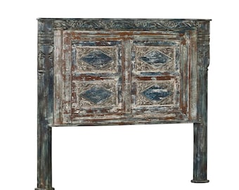 Queen Size Headboard made from an Antique Indian Painted Teakwood Window and Pillars