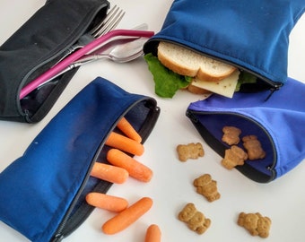 4 Sizes!  Eight Colors! Reusable Zipper Snack Bags, Zipper Sandwich Bags, Cutlery Bags, Food Safe Wet Bags, Reusable Sandwich Bag