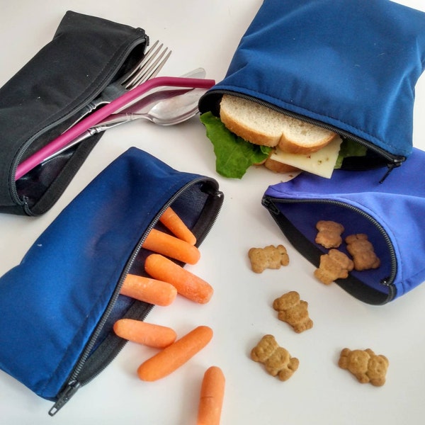 4 Sizes!  Eight Colors! Reusable Zipper Snack Bags, Zipper Sandwich Bags, Cutlery Bags, Food Safe Wet Bags, Reusable Sandwich Bag