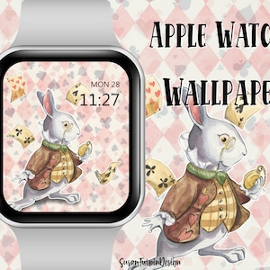 Puede incluir: Conejo blanco con chaleco y reloj de bolsillo, con cartas de juego esparcidas sobre un fondo a cuadros rosa y blanco. El texto "MON 28 11:27" se muestra en una esfera de reloj digital.