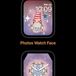 May include: A screenshot of an Apple Watch interface showing two watch face options. The first option is a photo watch face with a cartoon gnome wearing a red, white, and blue hat and holding a sign that says "USA". The second option is a kaleidoscope watch face with a blue and white pattern.