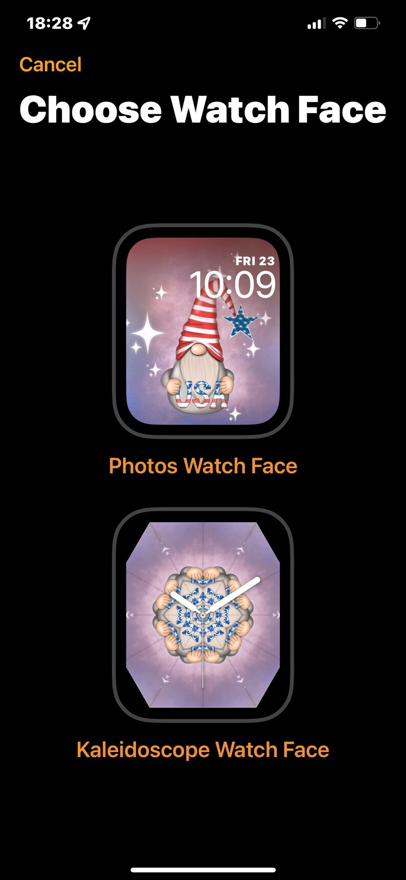 May include: A screenshot of an Apple Watch interface showing two watch face options. The first option is a photo watch face with a cartoon gnome wearing a red, white, and blue hat and holding a sign that says "USA". The second option is a kaleidoscope watch face with a blue and white pattern.