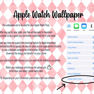 Puede incluir: Un fondo de cuadros rosa y blanco con el texto "Apple Watch Wallpaper" en negro. La imagen muestra una captura de pantalla de un iPhone con una lista de opciones para compartir una imagen, incluyendo "Agregar al &aacute;lbum", "Agregar al &aacute;lbum compartido", "Copiar foto", "Copiar enlace de iCloud", "Guardar como video", "Ocultar", "Duplicar", "Usar como fondo de pantalla" y "Crear una esfera de reloj".