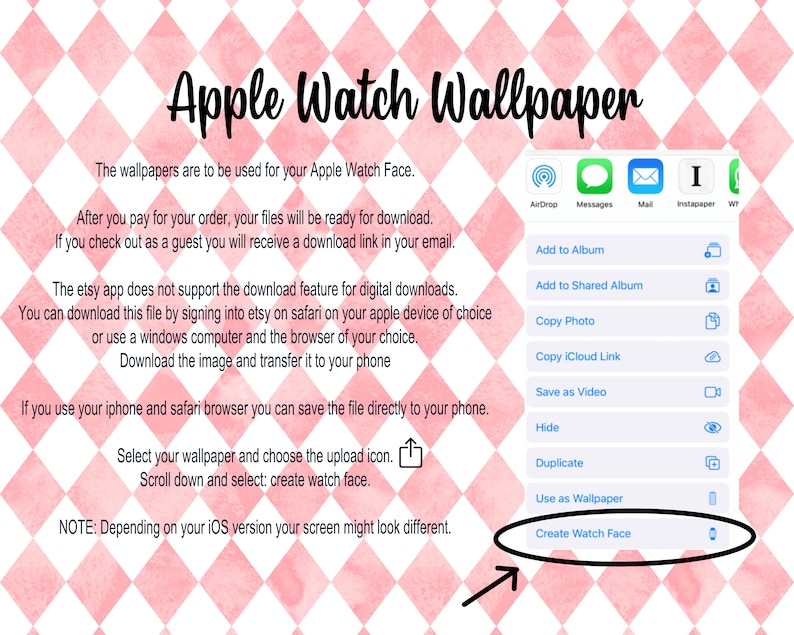 Puede incluir: Un fondo de cuadros rosa y blanco con el texto "Apple Watch Wallpaper" en negro. La imagen muestra una captura de pantalla de un iPhone con una lista de opciones para compartir una imagen, incluyendo "Agregar al &aacute;lbum", "Agregar al &aacute;lbum compartido", "Copiar foto", "Copiar enlace de iCloud", "Guardar como video", "Ocultar", "Duplicar", "Usar como fondo de pantalla" y "Crear una esfera de reloj".