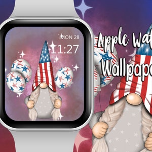 May include: Apple Watch face with a patriotic gnome holding red, white, and blue balloons. The gnome is wearing a hat with the American flag pattern. The watch face displays the time 11:27 and the day MON 28.