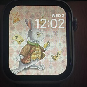 Puede incluir: Un conejo blanco con chaleco y sosteniendo un reloj de bolsillo, con un fondo rosa y blanco con cartas de juego. La hora en la esfera del reloj es 12:02 y el d&iacute;a es Mi&eacute; 2.
